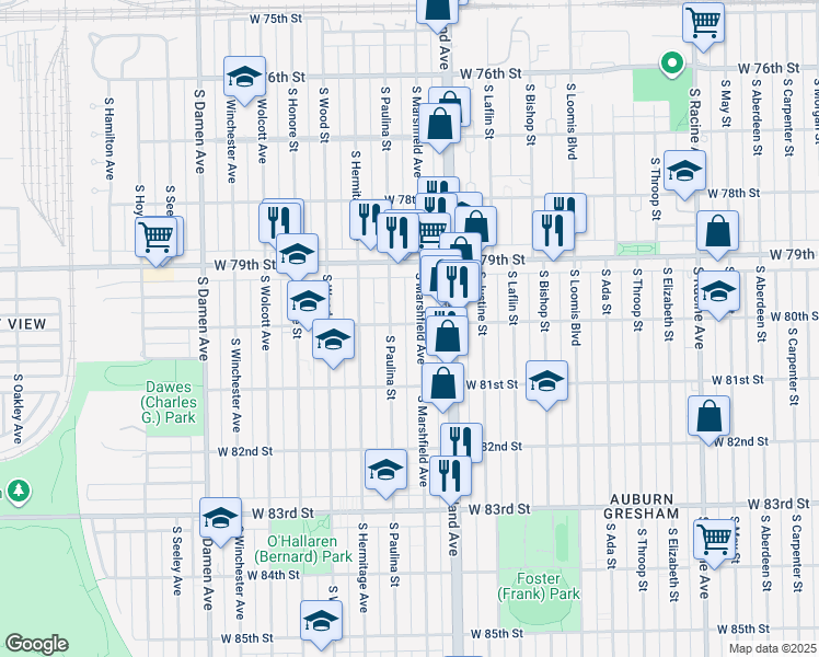 map of restaurants, bars, coffee shops, grocery stores, and more near 1645 West 80th Street in Chicago