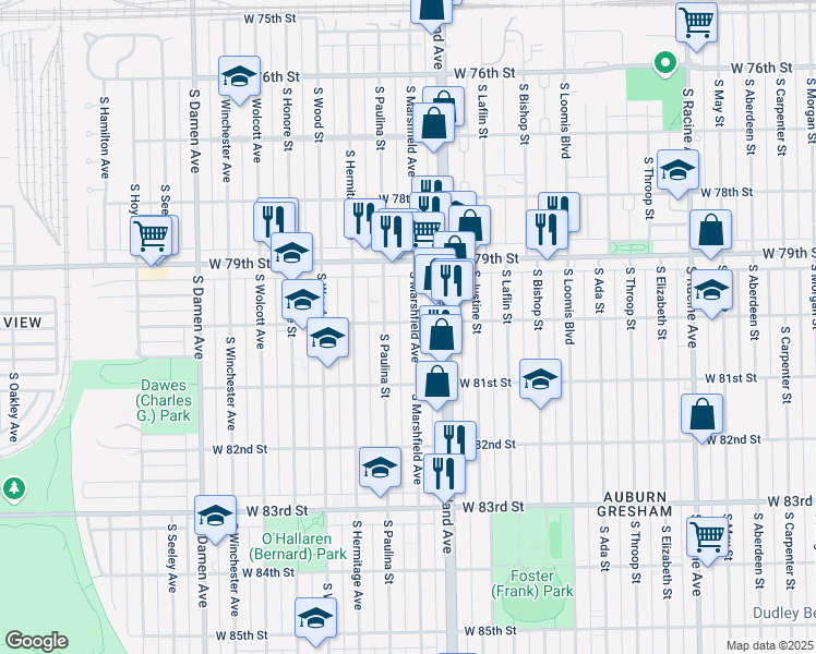 map of restaurants, bars, coffee shops, grocery stores, and more near 1643 West 80th Street in Chicago