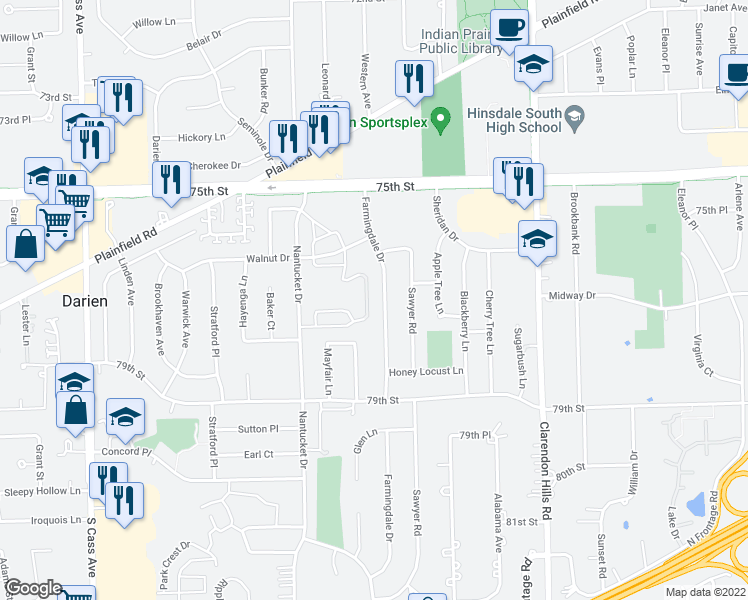 map of restaurants, bars, coffee shops, grocery stores, and more near 7715 Sussex Creek Drive in Darien
