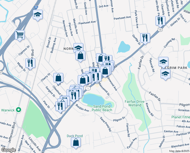 map of restaurants, bars, coffee shops, grocery stores, and more near 1123 Post Road in Warwick