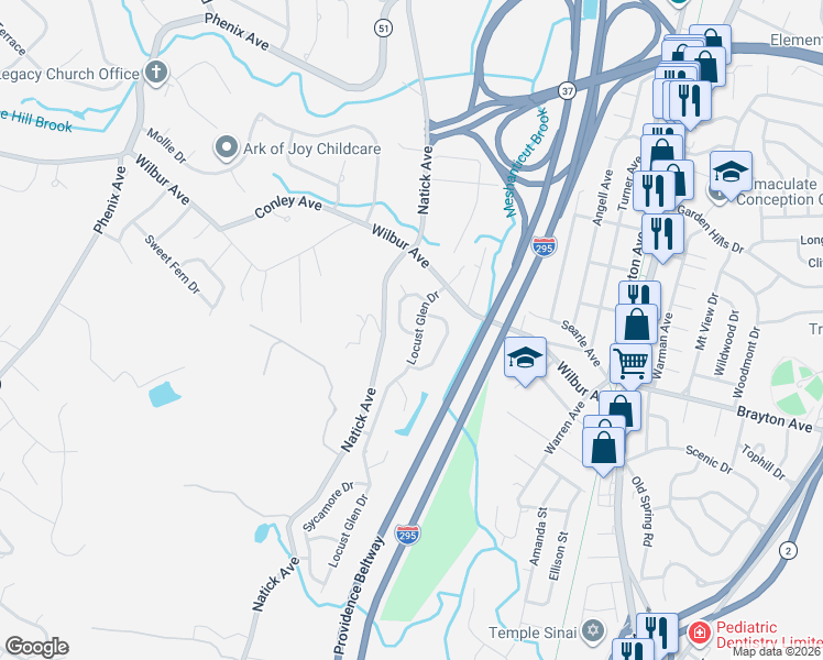 map of restaurants, bars, coffee shops, grocery stores, and more near 56 Locust Glen Drive in Cranston
