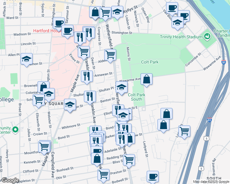 map of restaurants, bars, coffee shops, grocery stores, and more near in Hartford