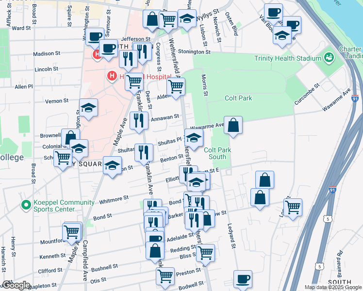 map of restaurants, bars, coffee shops, grocery stores, and more near in Hartford
