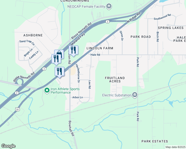 map of restaurants, bars, coffee shops, grocery stores, and more near 81 Lee Road in Painesville
