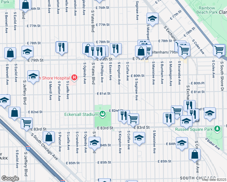 map of restaurants, bars, coffee shops, grocery stores, and more near 8102 South Essex Avenue in Chicago