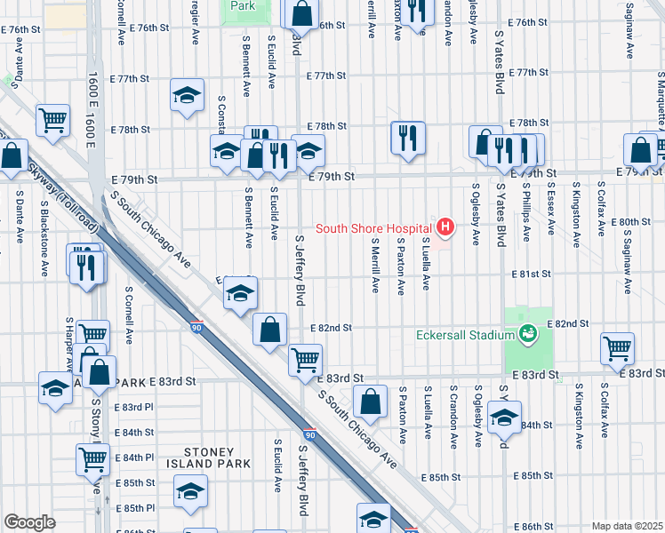 map of restaurants, bars, coffee shops, grocery stores, and more near 2035 East 81st Street in Chicago