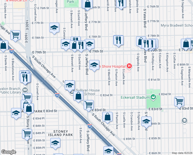 map of restaurants, bars, coffee shops, grocery stores, and more near 2035 East 81st Street in Chicago