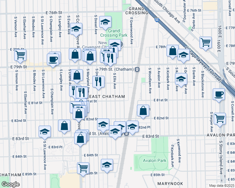 map of restaurants, bars, coffee shops, grocery stores, and more near 8051 South Ellis Avenue in Chicago