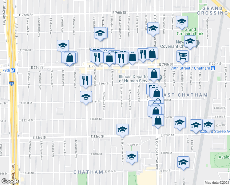 map of restaurants, bars, coffee shops, grocery stores, and more near 8046 South Saint Lawrence Avenue in Chicago