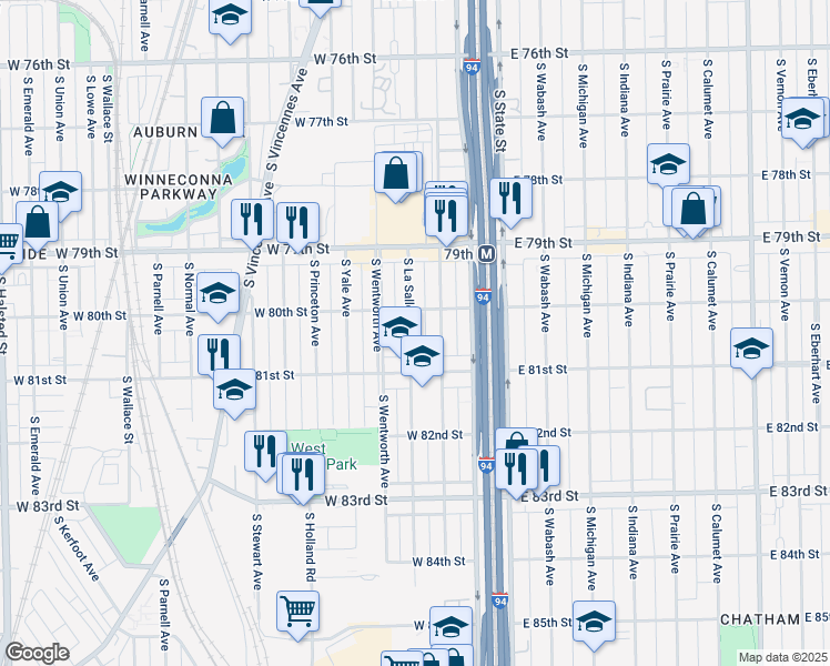 map of restaurants, bars, coffee shops, grocery stores, and more near 8034 South La Salle Street in Chicago