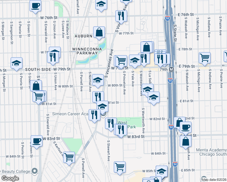 map of restaurants, bars, coffee shops, grocery stores, and more near 8033 South Harvard Avenue in Chicago