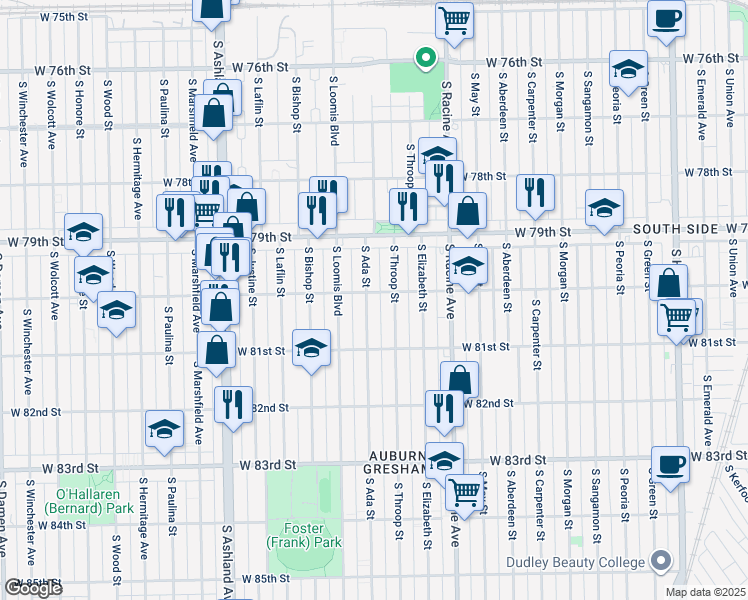 map of restaurants, bars, coffee shops, grocery stores, and more near 8019 South Ada Street in Chicago