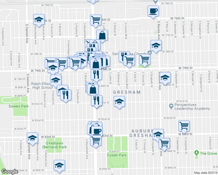 map of restaurants, bars, coffee shops, grocery stores, and more near 8018 South Laflin Street in Chicago