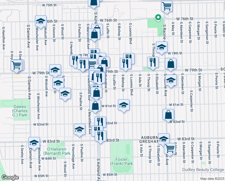 map of restaurants, bars, coffee shops, grocery stores, and more near 8018 South Laflin Street in Chicago