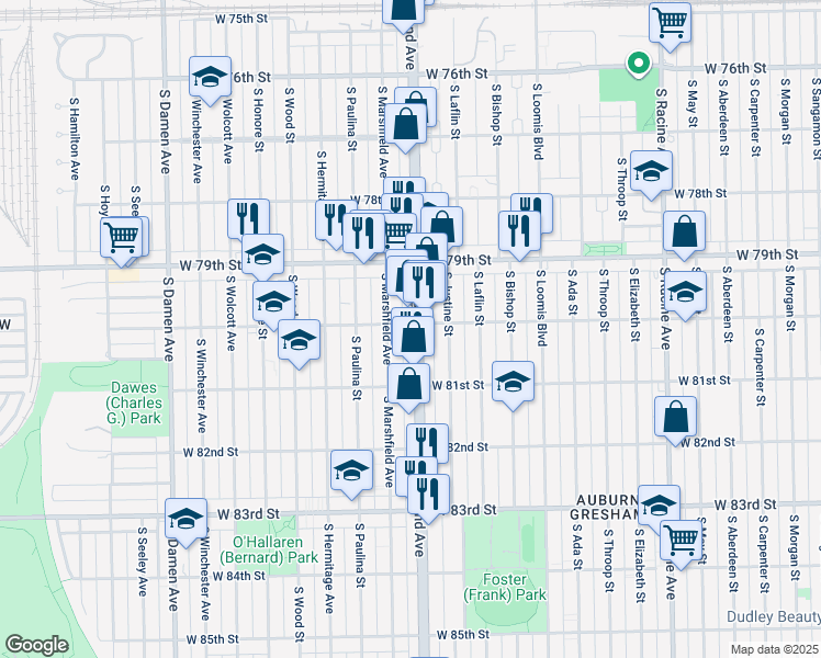 map of restaurants, bars, coffee shops, grocery stores, and more near 8019 South Ashland Avenue in Chicago