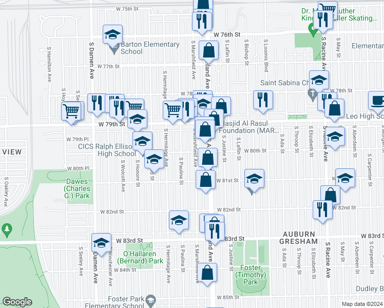 map of restaurants, bars, coffee shops, grocery stores, and more near in Chicago