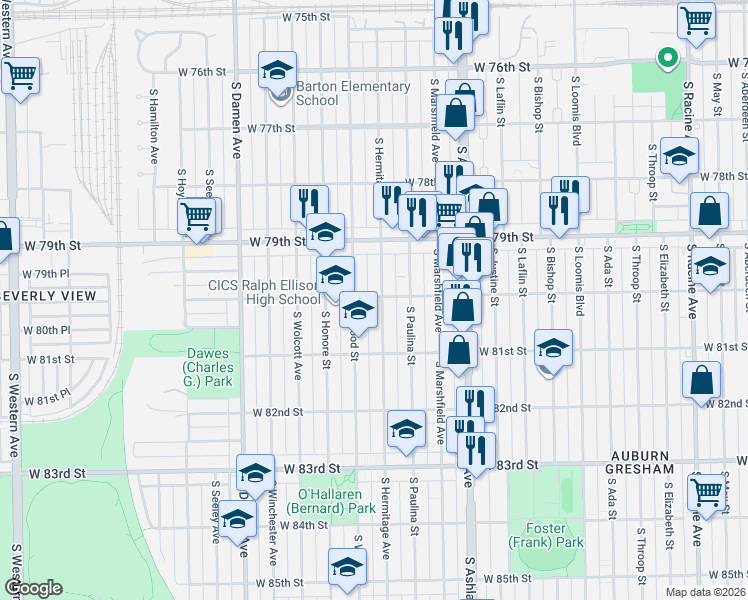 map of restaurants, bars, coffee shops, grocery stores, and more near 8016 South Hermitage Avenue in Chicago