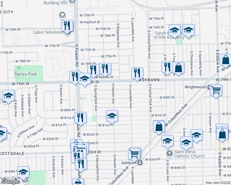 map of restaurants, bars, coffee shops, grocery stores, and more near 3800 West 80th Street in Chicago