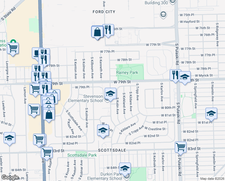 map of restaurants, bars, coffee shops, grocery stores, and more near 7940 South Kostner Avenue in Chicago