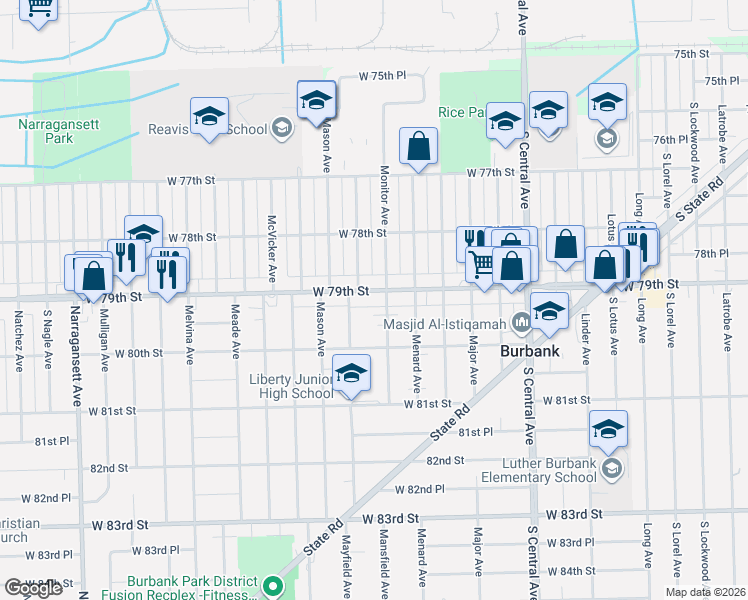map of restaurants, bars, coffee shops, grocery stores, and more near 7915 Mayfield Avenue in Burbank