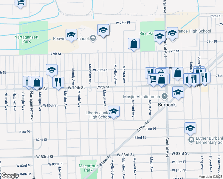 map of restaurants, bars, coffee shops, grocery stores, and more near 7915 Mayfield Avenue in Burbank
