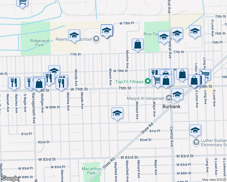 map of restaurants, bars, coffee shops, grocery stores, and more near 7911 Mason Avenue in Burbank