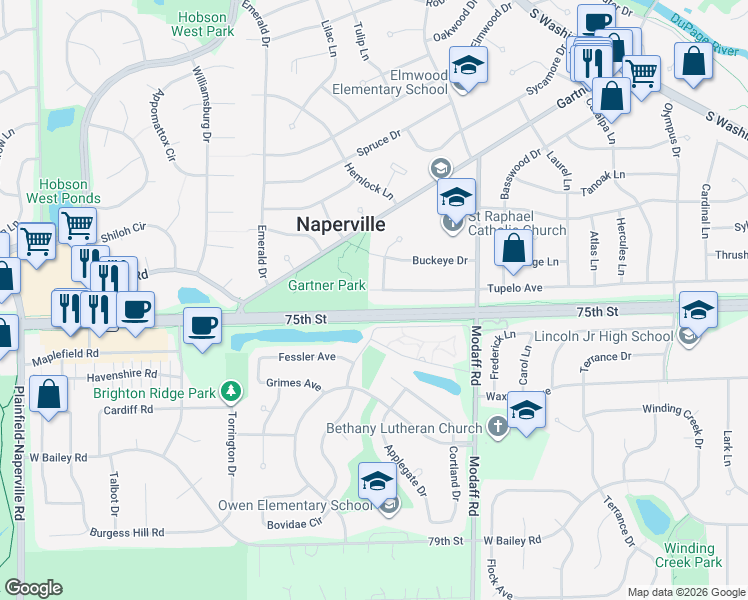 map of restaurants, bars, coffee shops, grocery stores, and more near 504 Tupelo Avenue in Naperville