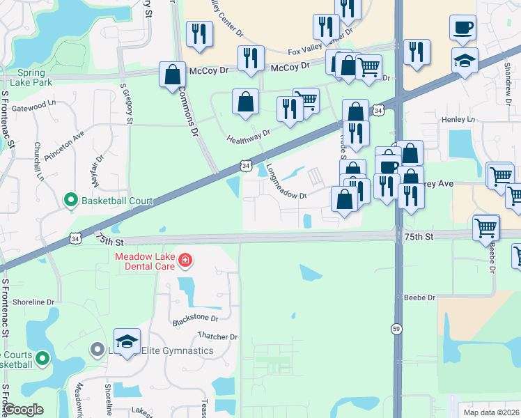 map of restaurants, bars, coffee shops, grocery stores, and more near 4127 Landing Drive in Aurora
