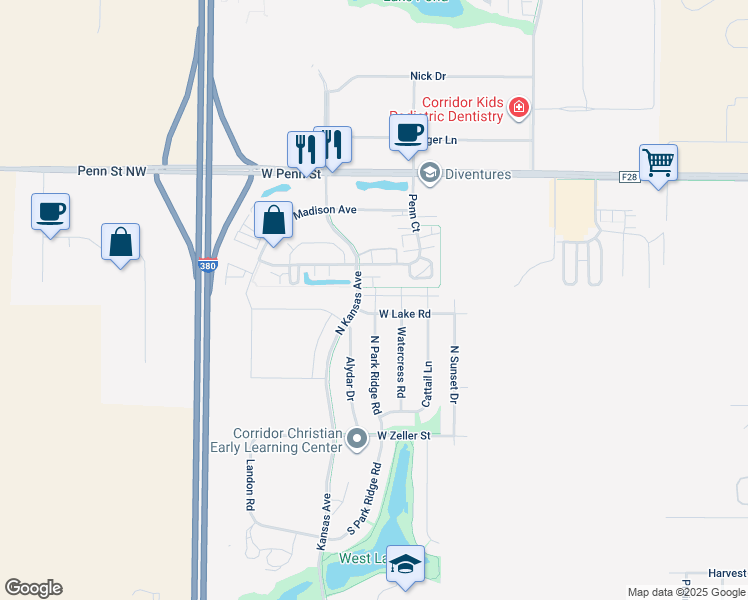 map of restaurants, bars, coffee shops, grocery stores, and more near 287 North Park Ridge Road in North Liberty
