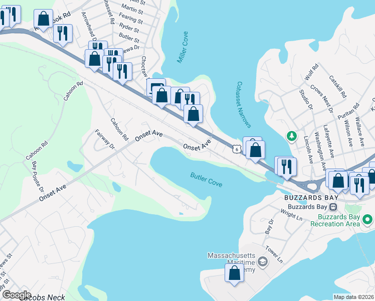 map of restaurants, bars, coffee shops, grocery stores, and more near 4 Onset Avenue in Wareham
