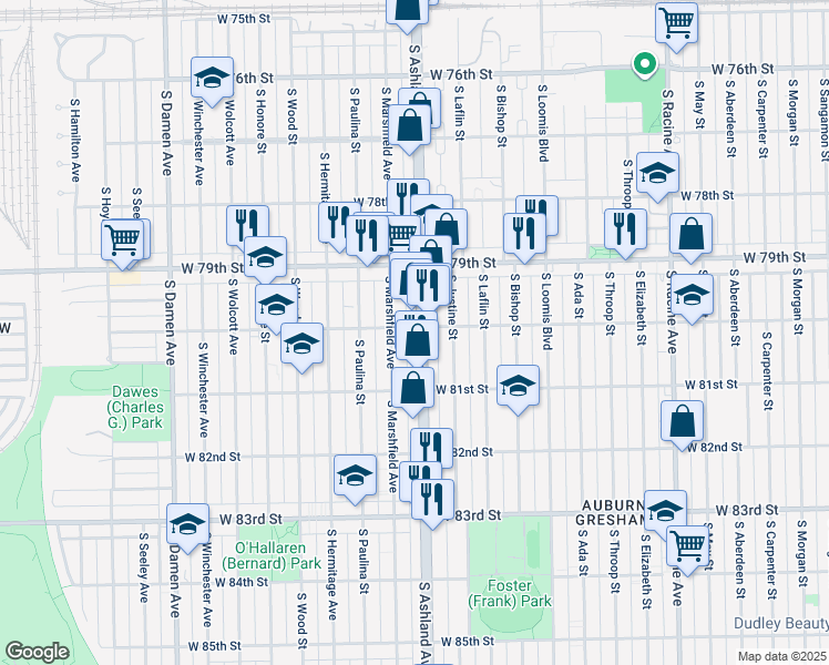map of restaurants, bars, coffee shops, grocery stores, and more near 8019 South Ashland Avenue in Chicago