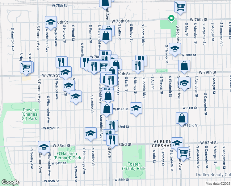 map of restaurants, bars, coffee shops, grocery stores, and more near 8000 South Justine Street in Chicago