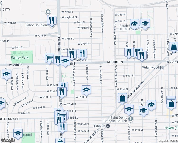 map of restaurants, bars, coffee shops, grocery stores, and more near 3800 West 80th Street in Chicago