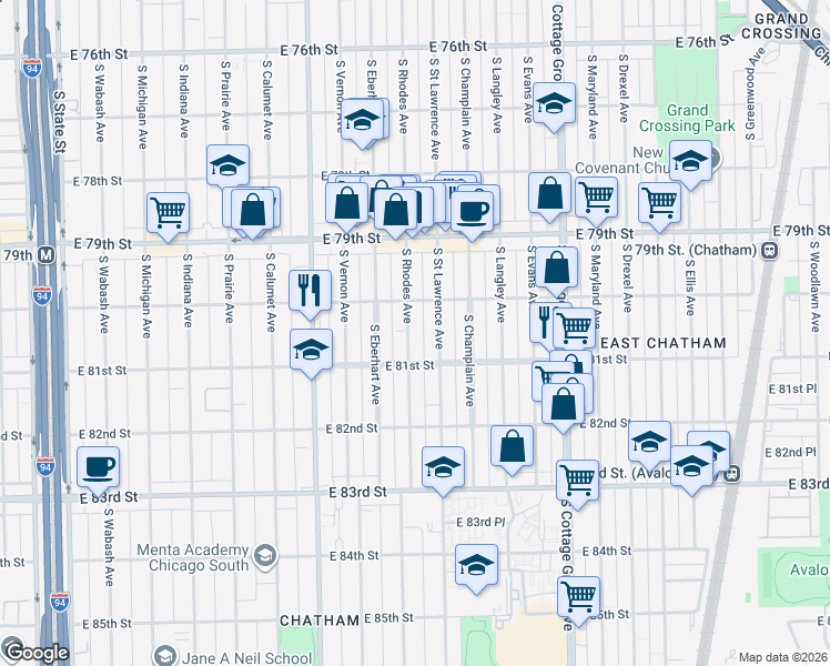 map of restaurants, bars, coffee shops, grocery stores, and more near 8046 South Saint Lawrence Avenue in Chicago