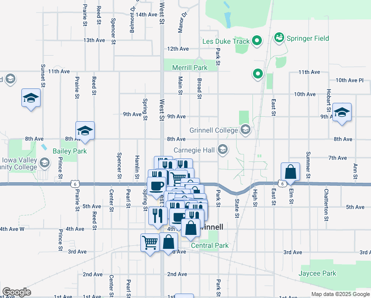 map of restaurants, bars, coffee shops, grocery stores, and more near 1220 Main Street in Grinnell
