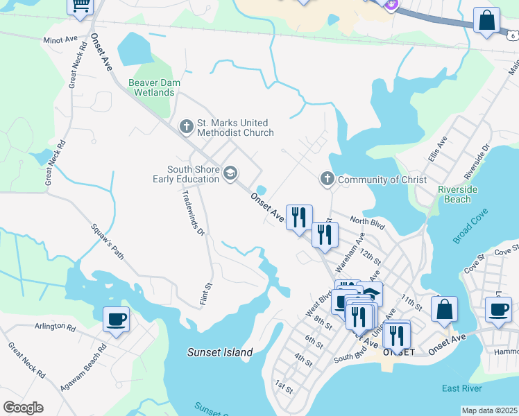 map of restaurants, bars, coffee shops, grocery stores, and more near 294 Onset Avenue in Wareham