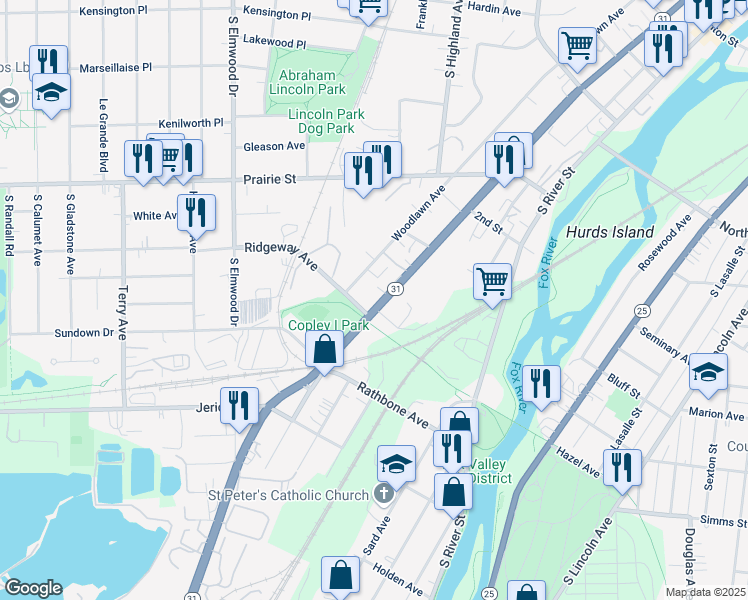 map of restaurants, bars, coffee shops, grocery stores, and more near 671 South Lake Street in Aurora