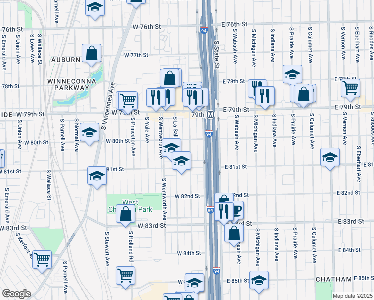 map of restaurants, bars, coffee shops, grocery stores, and more near 8020 South Perry Avenue in Chicago