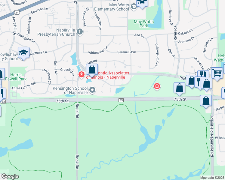 map of restaurants, bars, coffee shops, grocery stores, and more near 1220 Denver Court in Naperville