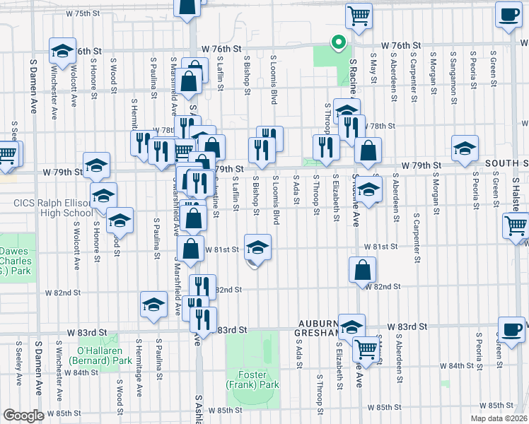 map of restaurants, bars, coffee shops, grocery stores, and more near 1415 West 80th Street in Chicago