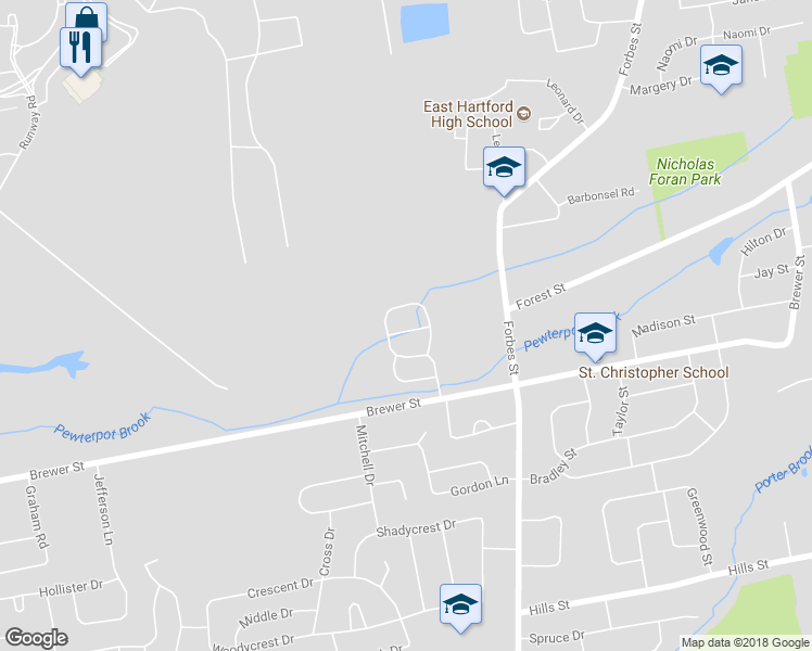 map of restaurants, bars, coffee shops, grocery stores, and more near 14 Trinity Lane in East Hartford