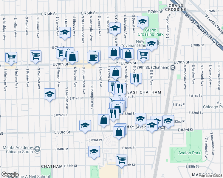 map of restaurants, bars, coffee shops, grocery stores, and more near 8049 South Evans Avenue in Chicago