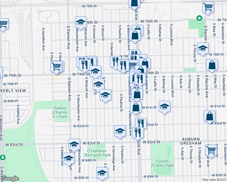 map of restaurants, bars, coffee shops, grocery stores, and more near 8016 South Hermitage Avenue in Chicago