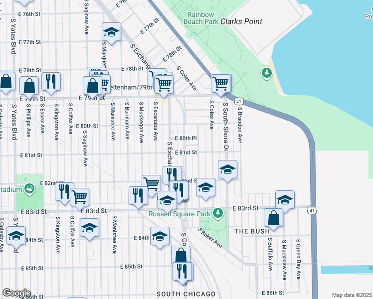 map of restaurants, bars, coffee shops, grocery stores, and more near 2955 East 81st Street in Chicago