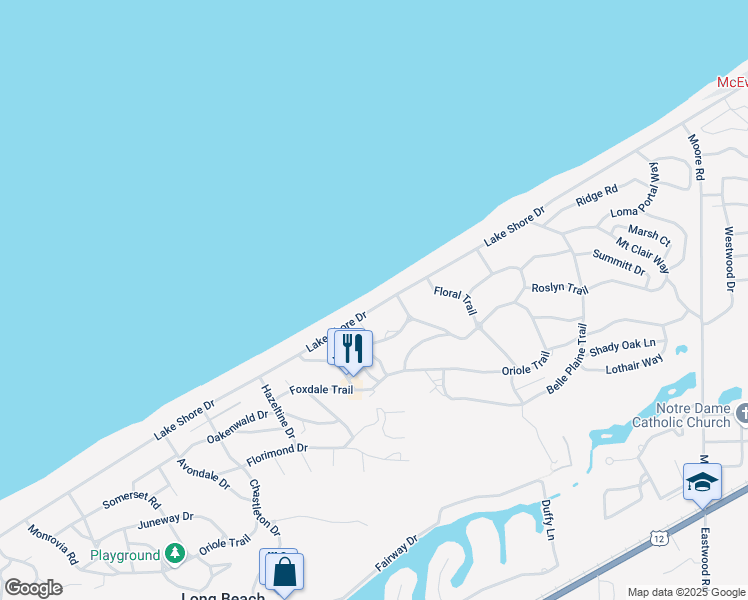 map of restaurants, bars, coffee shops, grocery stores, and more near 2401-2599 Lake Shore Dr in Long Beach