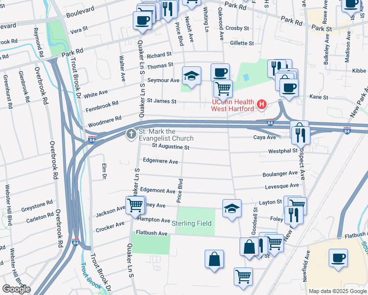 map of restaurants, bars, coffee shops, grocery stores, and more near 83 Saint Augustine Street in West Hartford