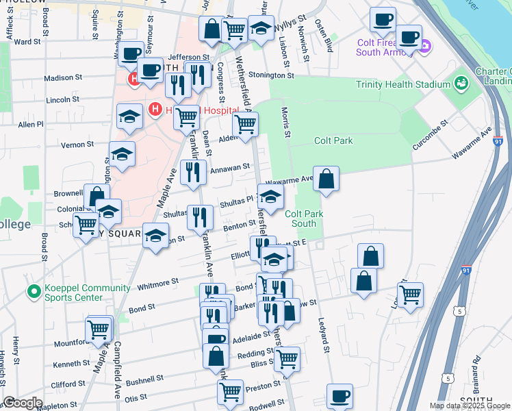 map of restaurants, bars, coffee shops, grocery stores, and more near in Hartford