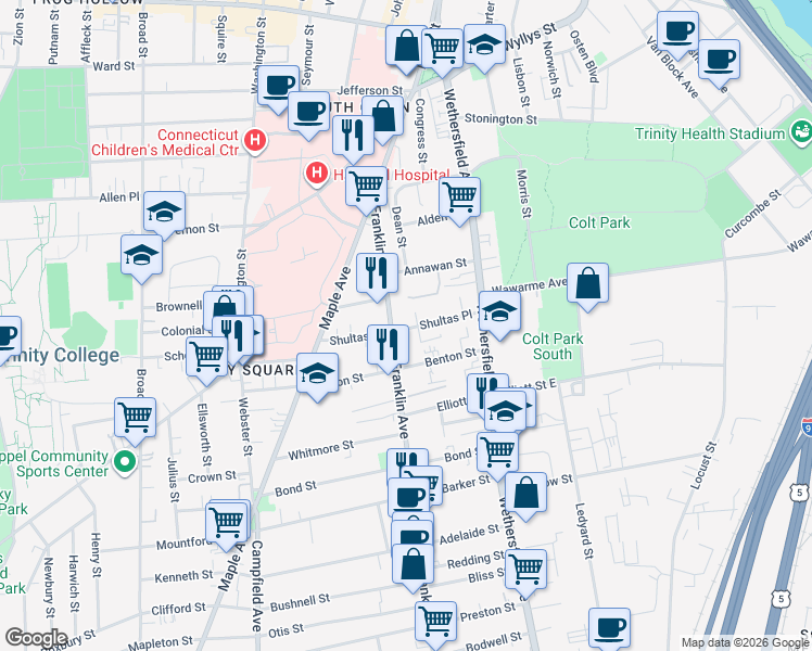 map of restaurants, bars, coffee shops, grocery stores, and more near 61-63 Shultas Place in Hartford