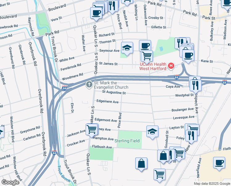 map of restaurants, bars, coffee shops, grocery stores, and more near 89 Saint Augustine Street in West Hartford