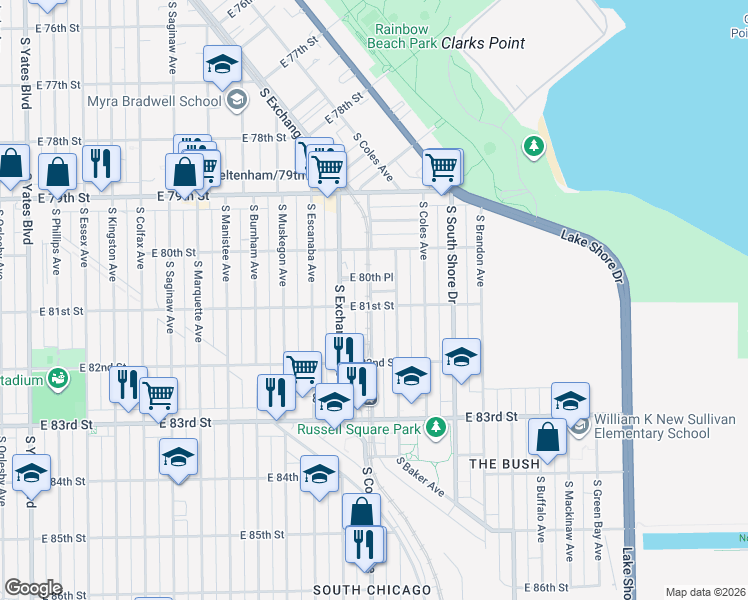 map of restaurants, bars, coffee shops, grocery stores, and more near 2955 East 81st Street in Chicago